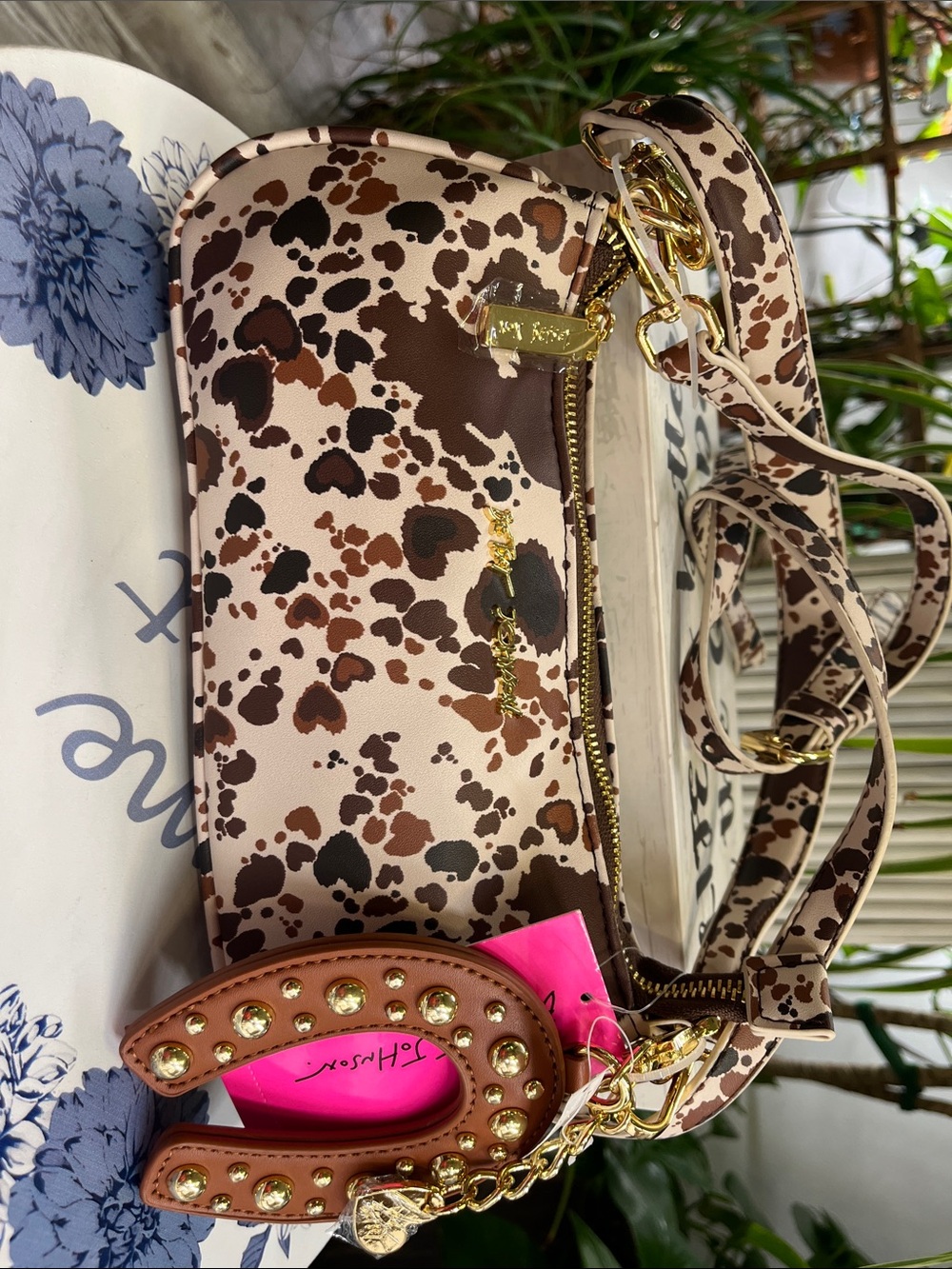 Betsey Johnson Cow Print Crossbody Bag in Brown & White